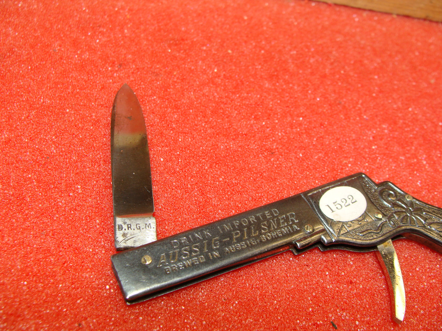 JOSEFH FEIST SOLINGEN GERMANY 1955-65 GUN KNIFE GERMAN AUTOMATIC KNIFE D.R.G.M. AUSSIG-PILSNER BEER