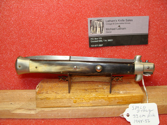 S.M. CO ITALY 1950-56 PICK LOCK SHORT SAFETY 33 CM STILETTO ITALIAN AUTOMATIC KNIFE BUFFALO HORN HANDLES