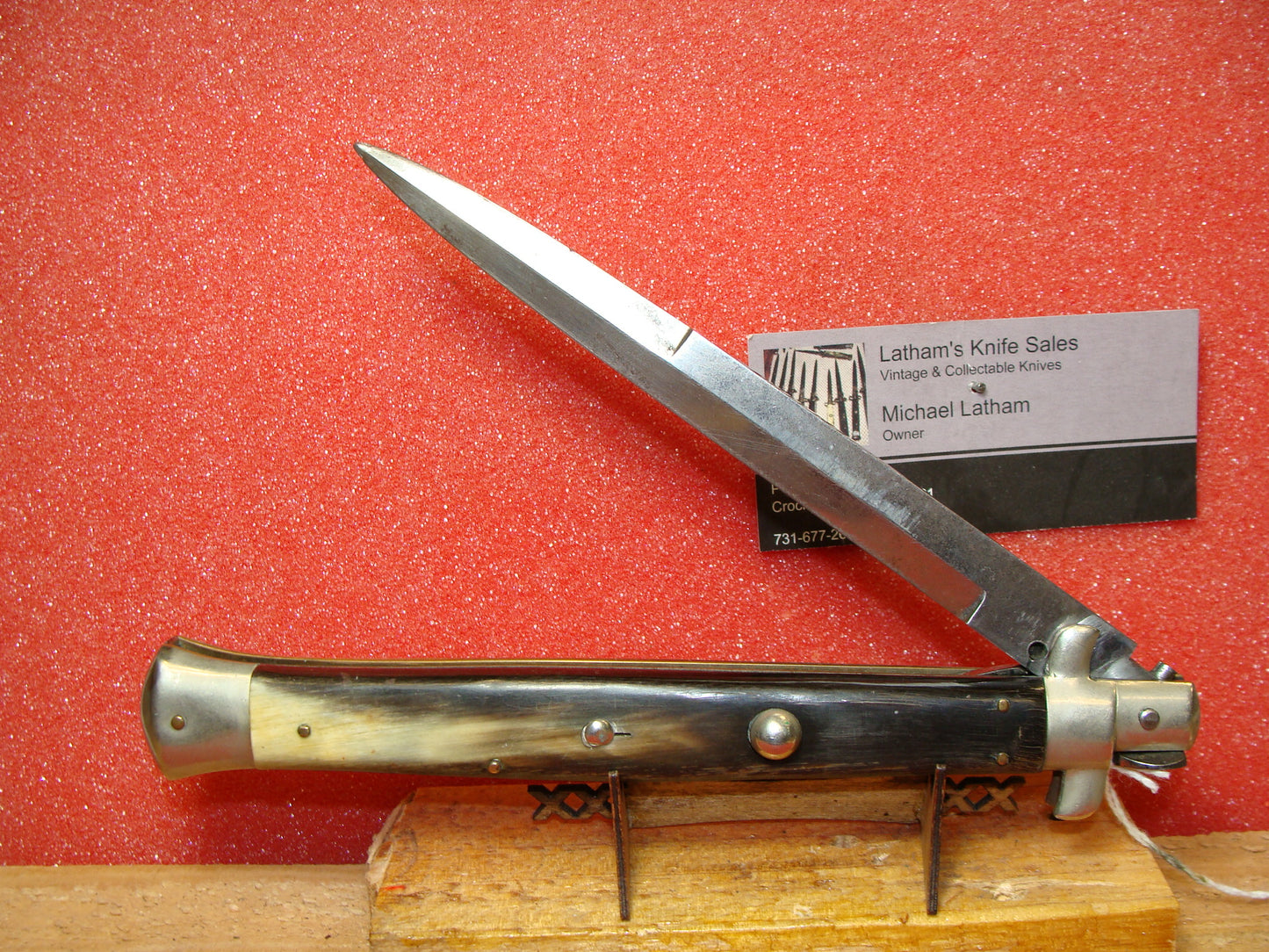 S.M. CO ITALY 1950-56 PICK LOCK SHORT SAFETY 33 CM STILETTO ITALIAN AUTOMATIC KNIFE BUFFALO HORN HANDLES