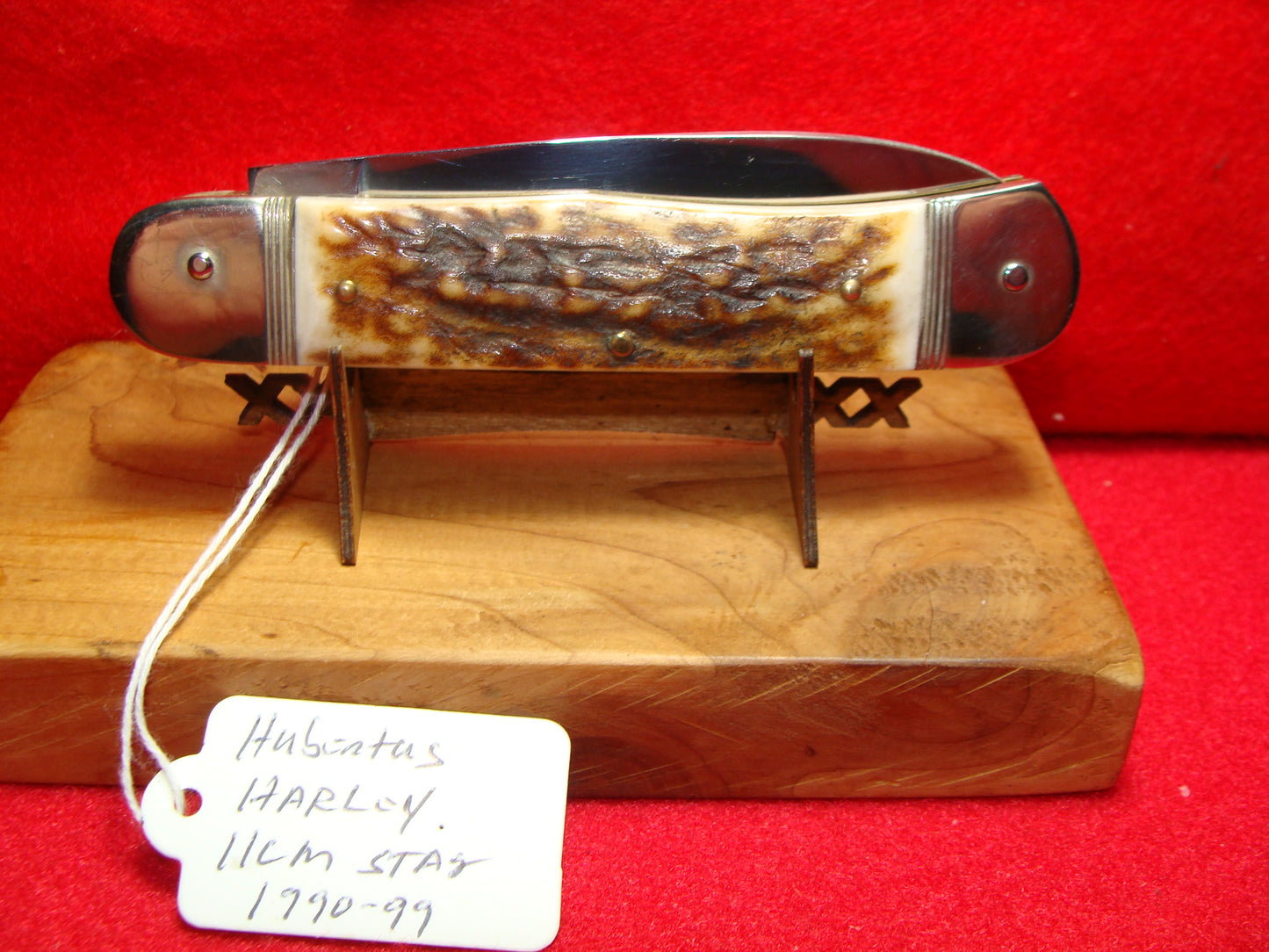 HUBERTUS GERMANY 1990-99 HARLEY DAVIDSON ISSUE LEVER AUTOMATIC 11 CM GERMAN AUTOMATIC KNIFE STAG HANDLES