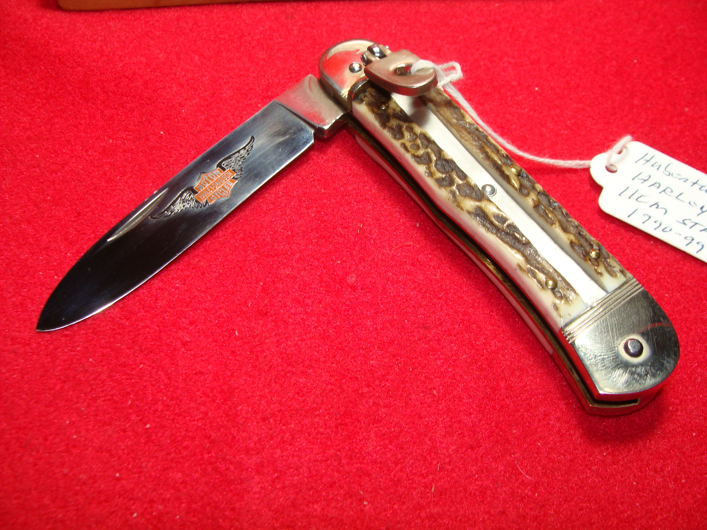 HUBERTUS GERMANY 1990-99 HARLEY DAVIDSON ISSUE LEVER AUTOMATIC 11 CM GERMAN AUTOMATIC KNIFE STAG HANDLES