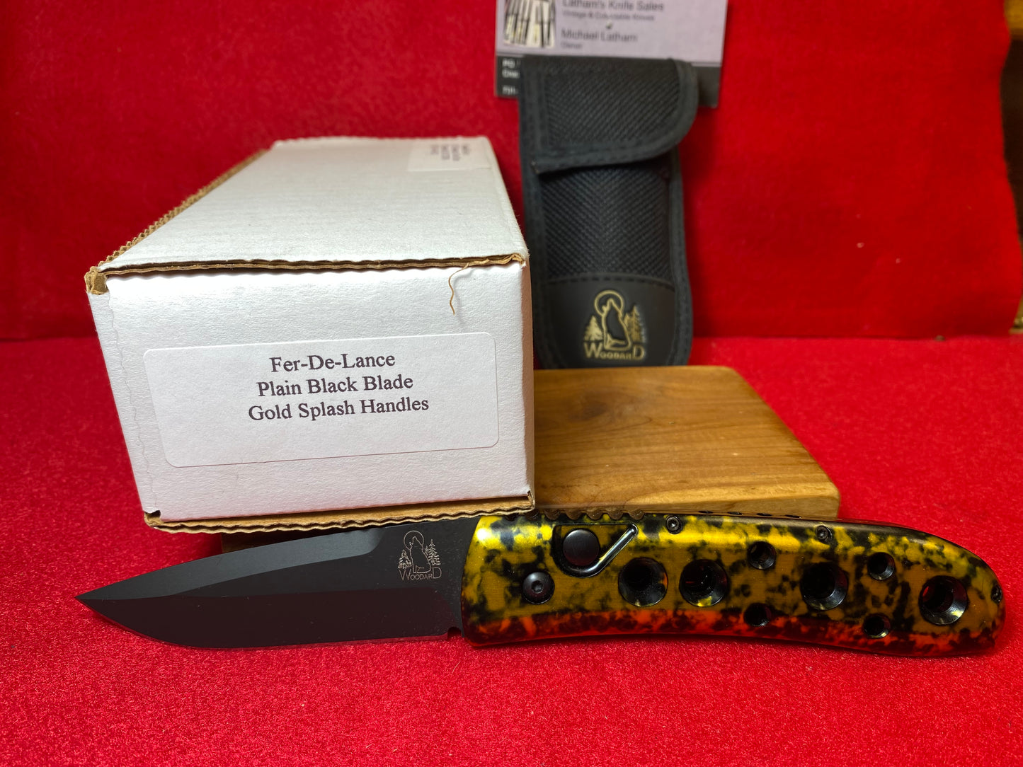 WOODARD, BUCK FER-DE-LANCE CUSTOM AUTOMATIC KNIVES TACTICAL AUTOMATIC KNIFE BLACK BLADE GOLD SPLASH METALLIC HANDLES