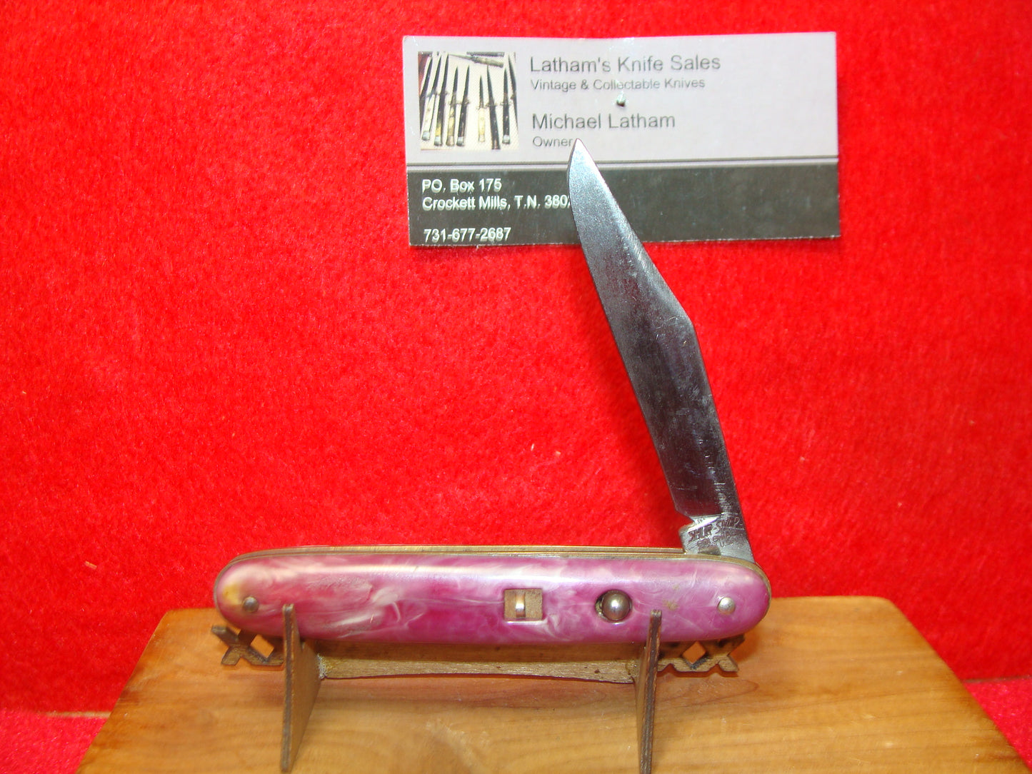 SHUR SNAP COLONIAL KNIFE CO. 1926-56 CIGAR JACK 3 1/2" VINTAGE AMERICAN AUTOMATIC KNIFE PURPLE SWIRL COMPOSITION HANDLES