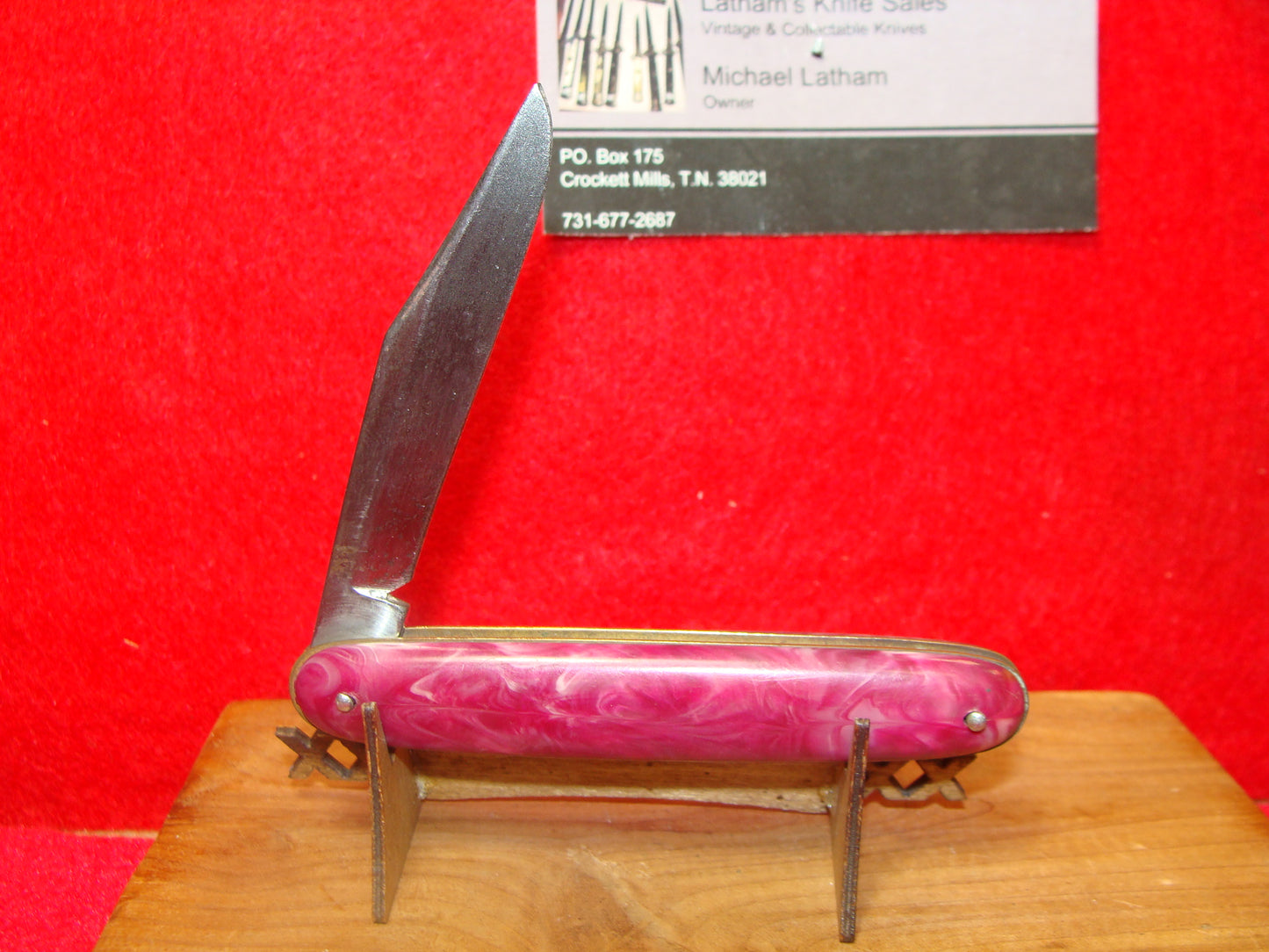 SHUR SNAP COLONIAL KNIFE CO. 1926-56 CIGAR JACK 3 1/2" VINTAGE AMERICAN AUTOMATIC KNIFE PURPLE SWIRL COMPOSITION HANDLES