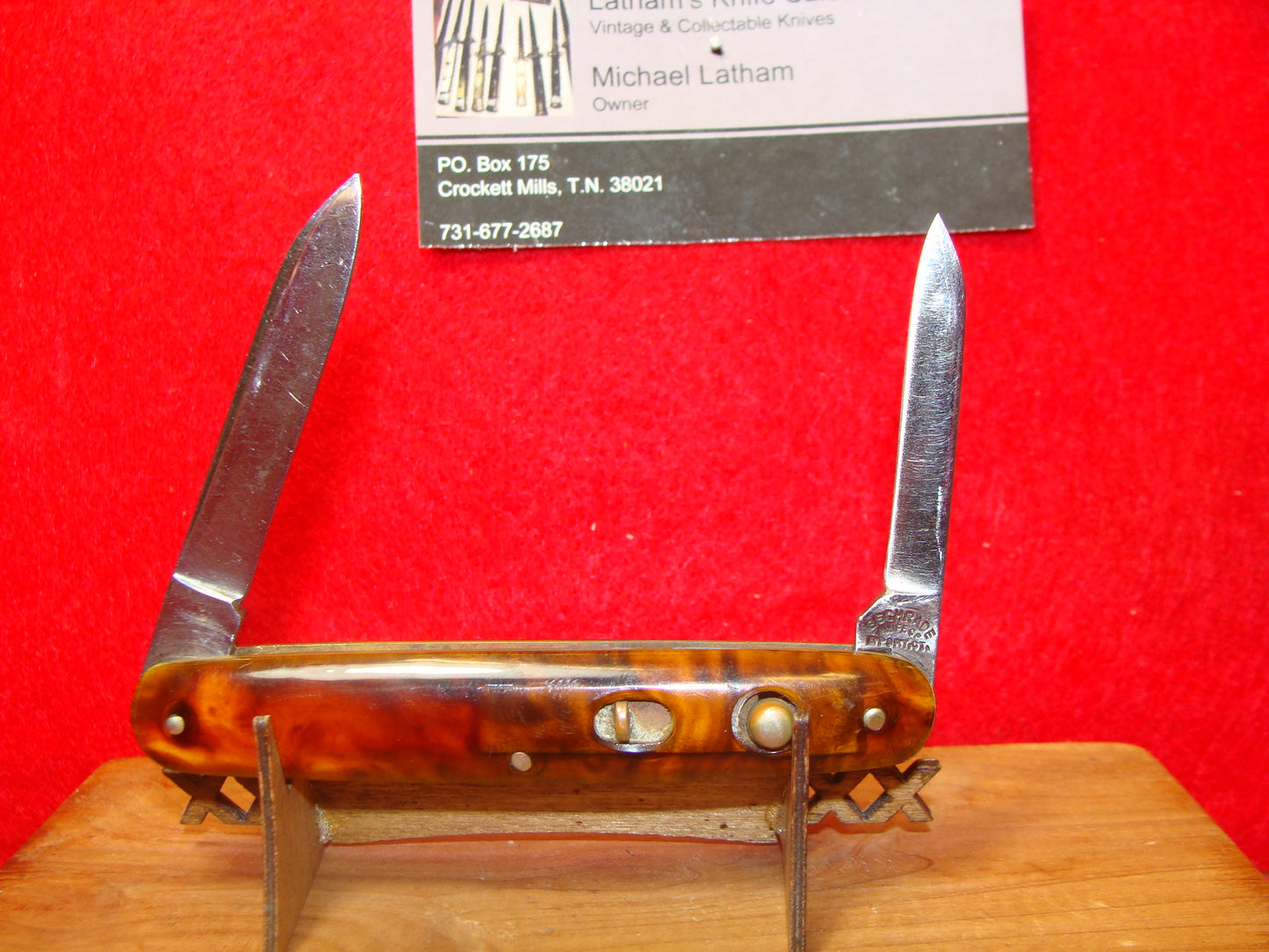 PRESTO GEO. SCHRADE CUTLERY CO. BRIDGE PORT CONN. 1929-56 DOUBLE BLADE 3 3/8" VINTAGE AMERICAN AUTOMATIC KNIFE TORTOISE SHELL CELLULOID HANDLES BLADE ETCHED