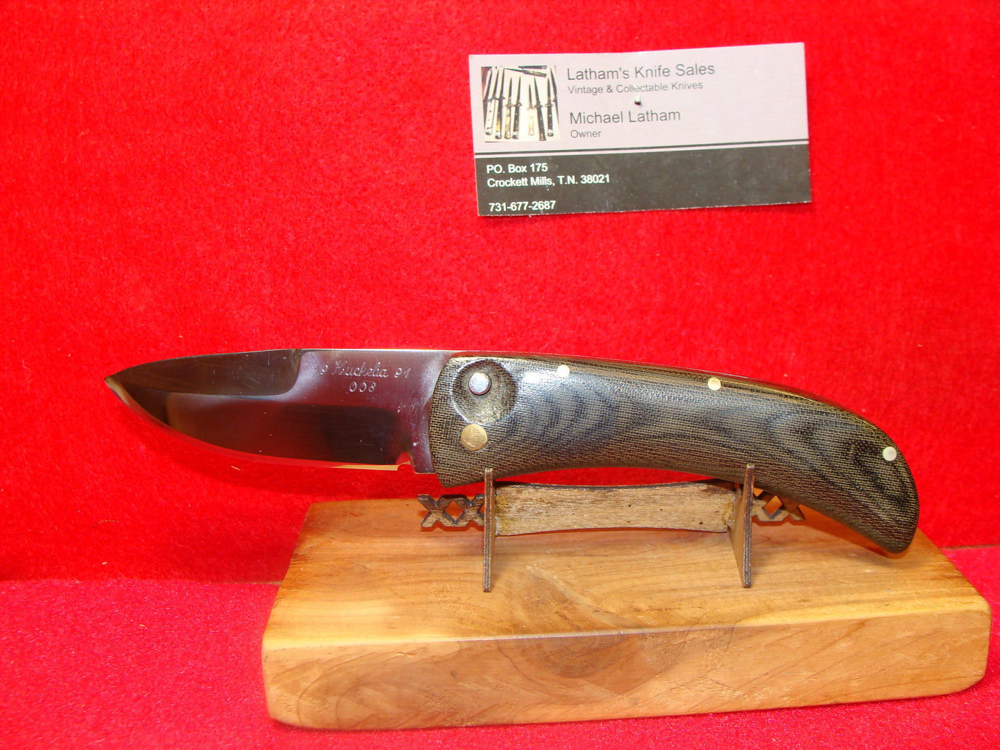 HUCKEBA, JAMES HUCK 1991 CUSTOM AUTOMATIC KNIFE #008 HUNTER GREEN MICARTA HANDLES