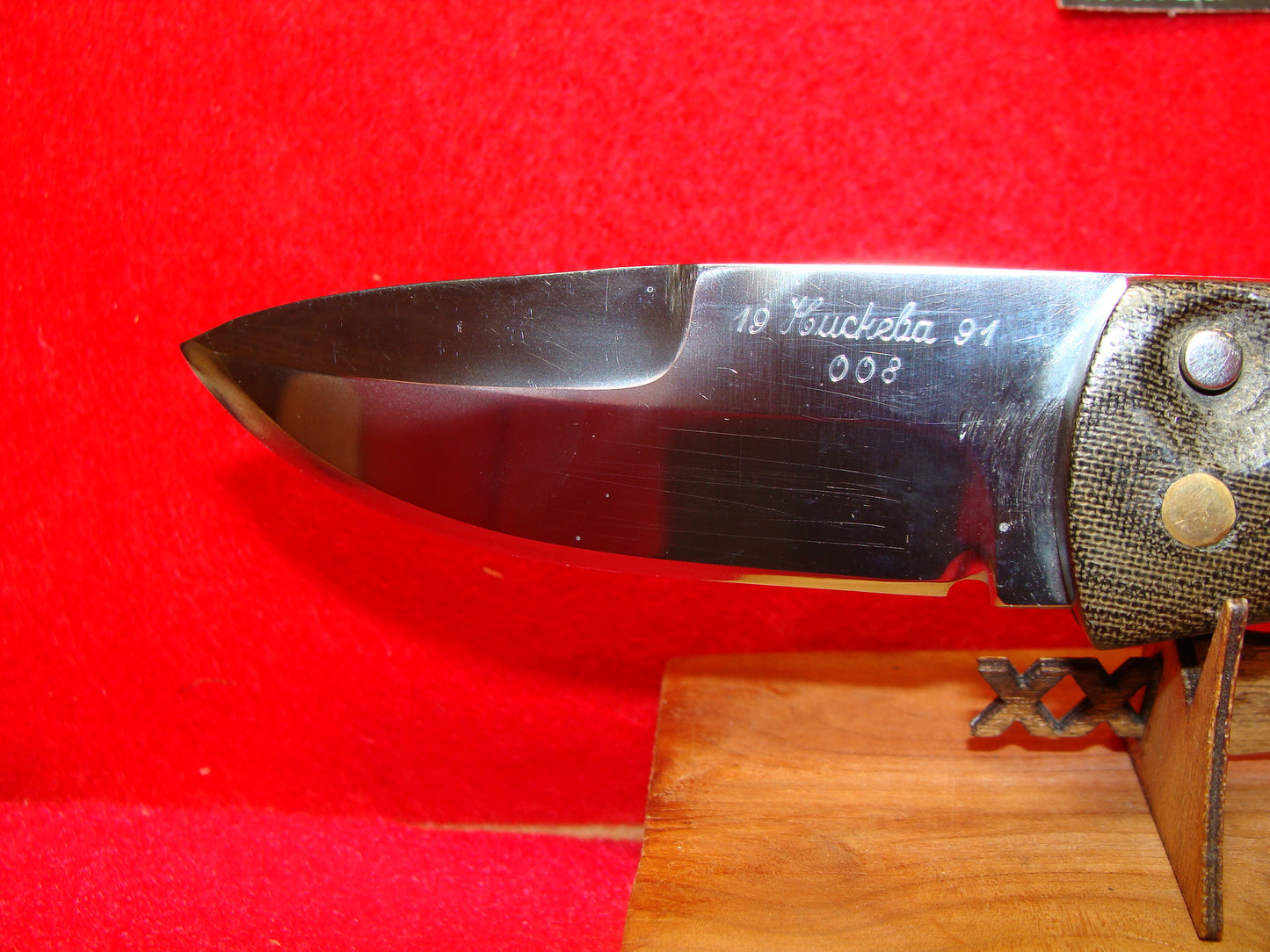 HUCKEBA, JAMES HUCK 1991 CUSTOM AUTOMATIC KNIFE #008 HUNTER GREEN MICARTA HANDLES