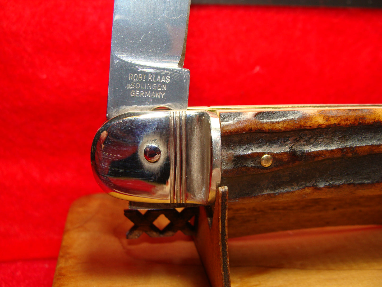 KISSING CRANE ROBI KLAAS SOLINGEN GERMANY 1975-85 LEVER AUTOMATIC 10 CM GERMAN AUTOMATIC KNIFE STAG HANDLES