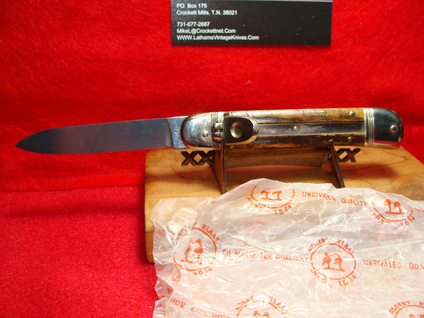 KISSING CRANE ROBI KLAAS SOLINGEN GERMANY 1975-85 LEVER AUTOMATIC 10 CM GERMAN AUTOMATIC KNIFE STAG HANDLES