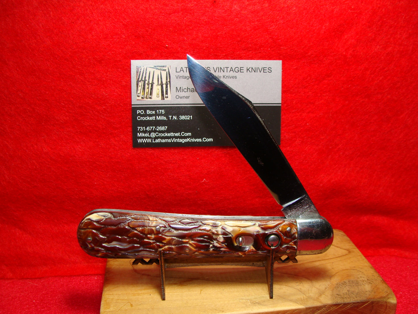 PRESTO GEO. SCHRADE CUT BRIDGEPORT CONN. 1929-56 VINTAGE AMERICAN AUTOMATIC KNIFE 5" RED WORMED GROOVED COMPOSITION HANDLES