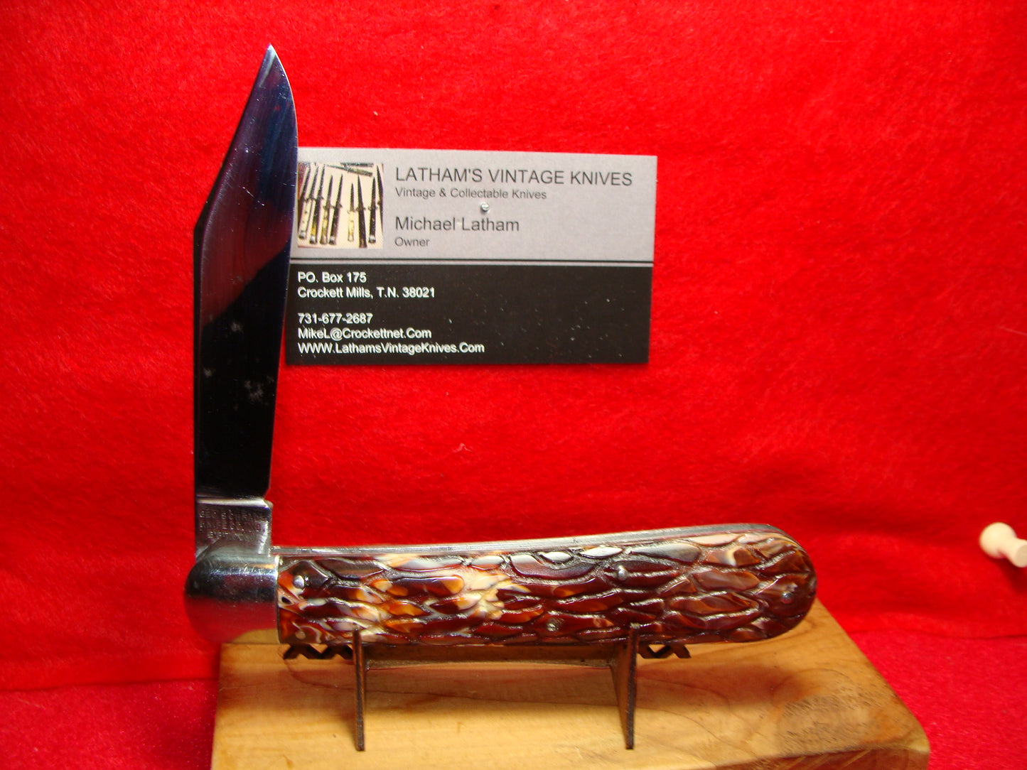 PRESTO GEO. SCHRADE CUT BRIDGEPORT CONN. 1929-56 VINTAGE AMERICAN AUTOMATIC KNIFE 5" RED WORMED GROOVED COMPOSITION HANDLES