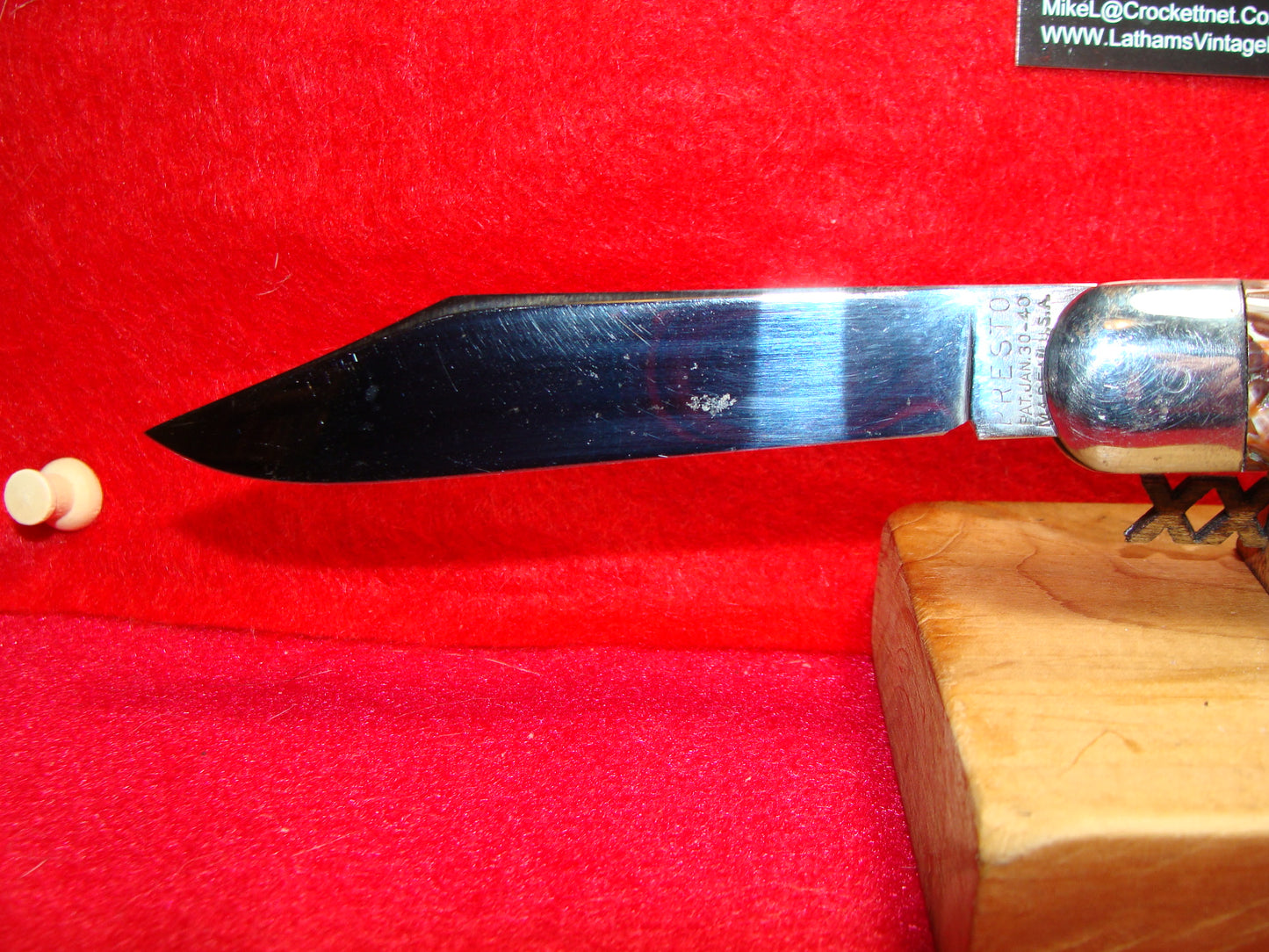 PRESTO GEO. SCHRADE CUT BRIDGEPORT CONN. 1929-56 VINTAGE AMERICAN AUTOMATIC KNIFE 5" RED WORMED GROOVED COMPOSITION HANDLES