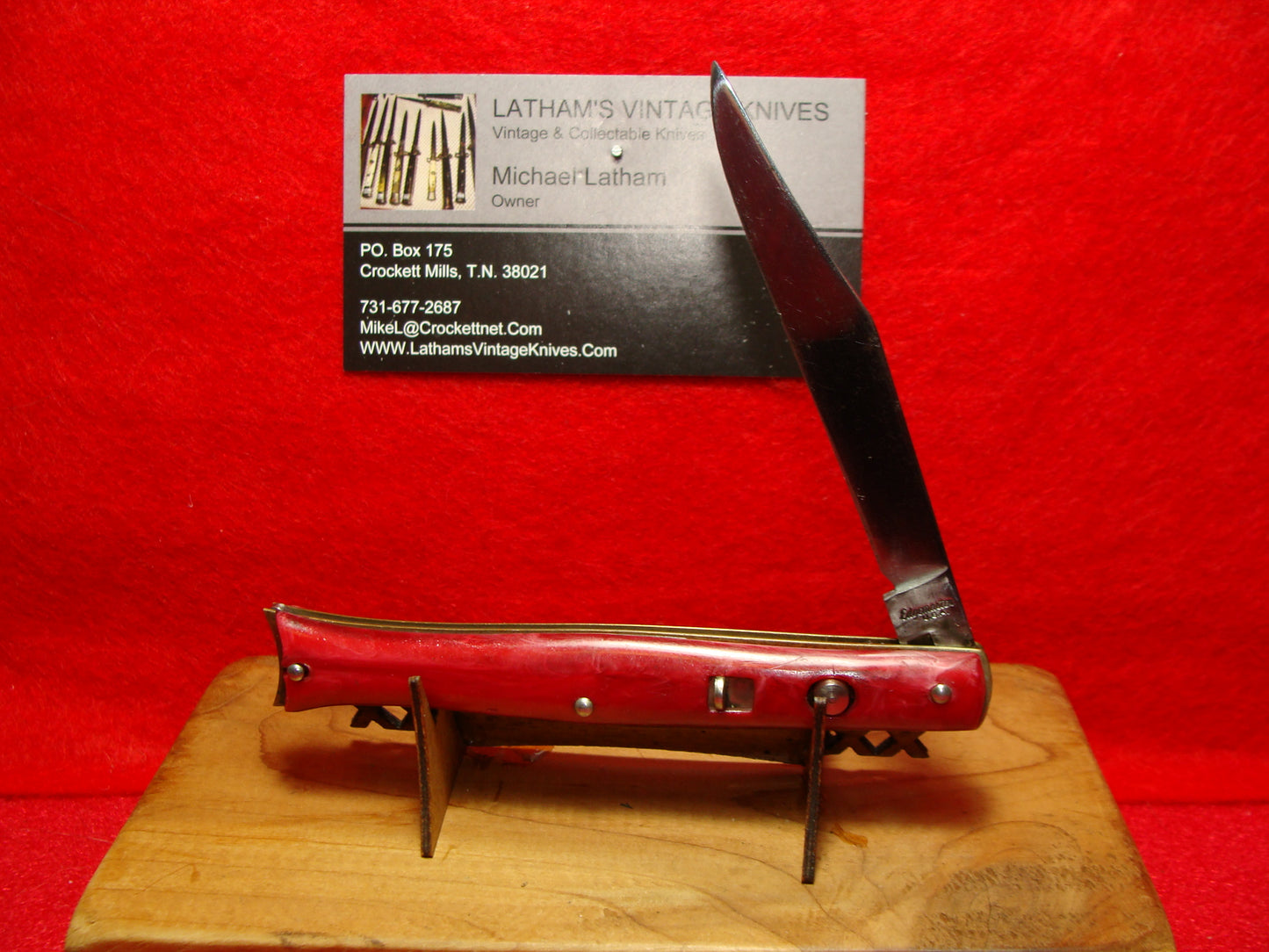 EDGEMASTER USA 1936-56 FISH TAIL SHADOW BOLSTERS 4" VINTAGE AMERICAN AUTOMATIC KNIFE RED COMPOSITION HANDLES