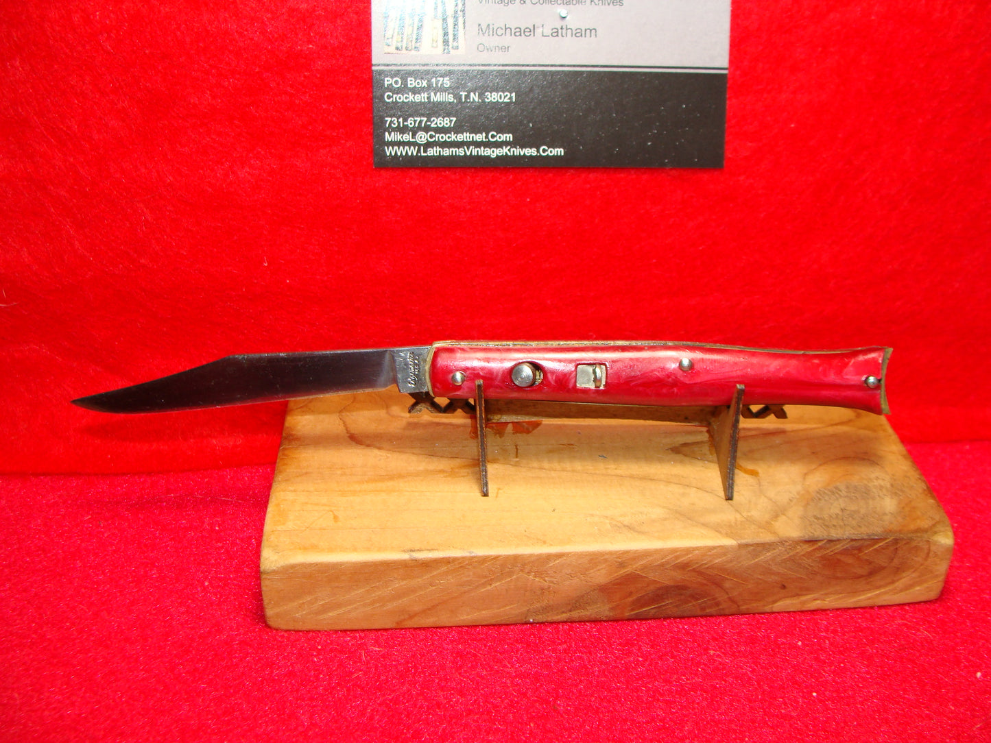 EDGEMASTER USA 1936-56 FISH TAIL SHADOW BOLSTERS 4" VINTAGE AMERICAN AUTOMATIC KNIFE RED COMPOSITION HANDLES