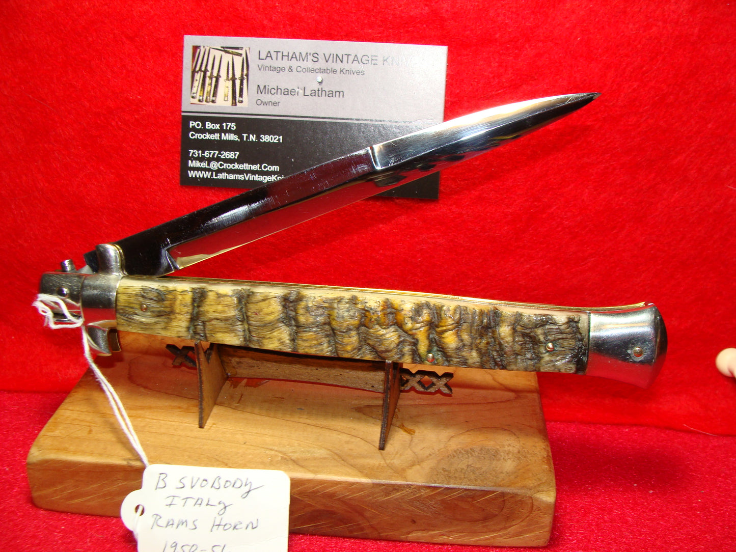 B SVOBODY ITALY 1950-56 PICK LOCK STILETTO 33 CM ITALIAN AUTOMATIC KNIFE RAMS HORN HANDLES