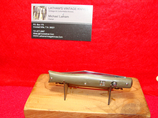 EDGEMASTER USA 1936-56 FISH TAIL SHADOW BOLSTERS 4" VINTAGE AMERICAN AUTOMATIC KNIFE DARK ARMY GREEN COMPOSITION HANDLES