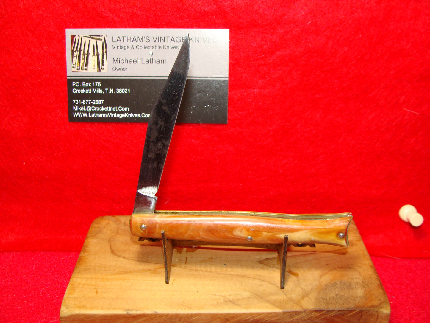 EDGEMASTER USA 1936-56 FISH TAIL SHADOW BOLSTERS 4" VINTAGE AMERICAN AUTOMATIC KNIFE BROWN SWIRL COMPOSITION HANDLES