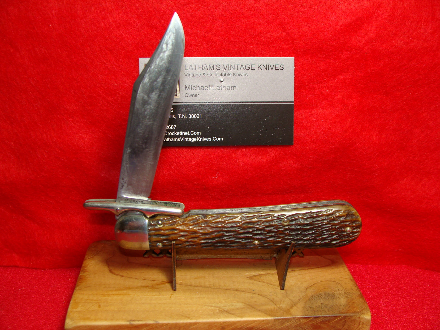 SCHRADE CUT CO. WALDEN NY 1916-46 SWING GUARD LOCK BACK HUNTERS PRIDE VINTAGE AMERICAN AUTOMATIC KNIFE PEACH SEED JIGGED BONE HANDLES