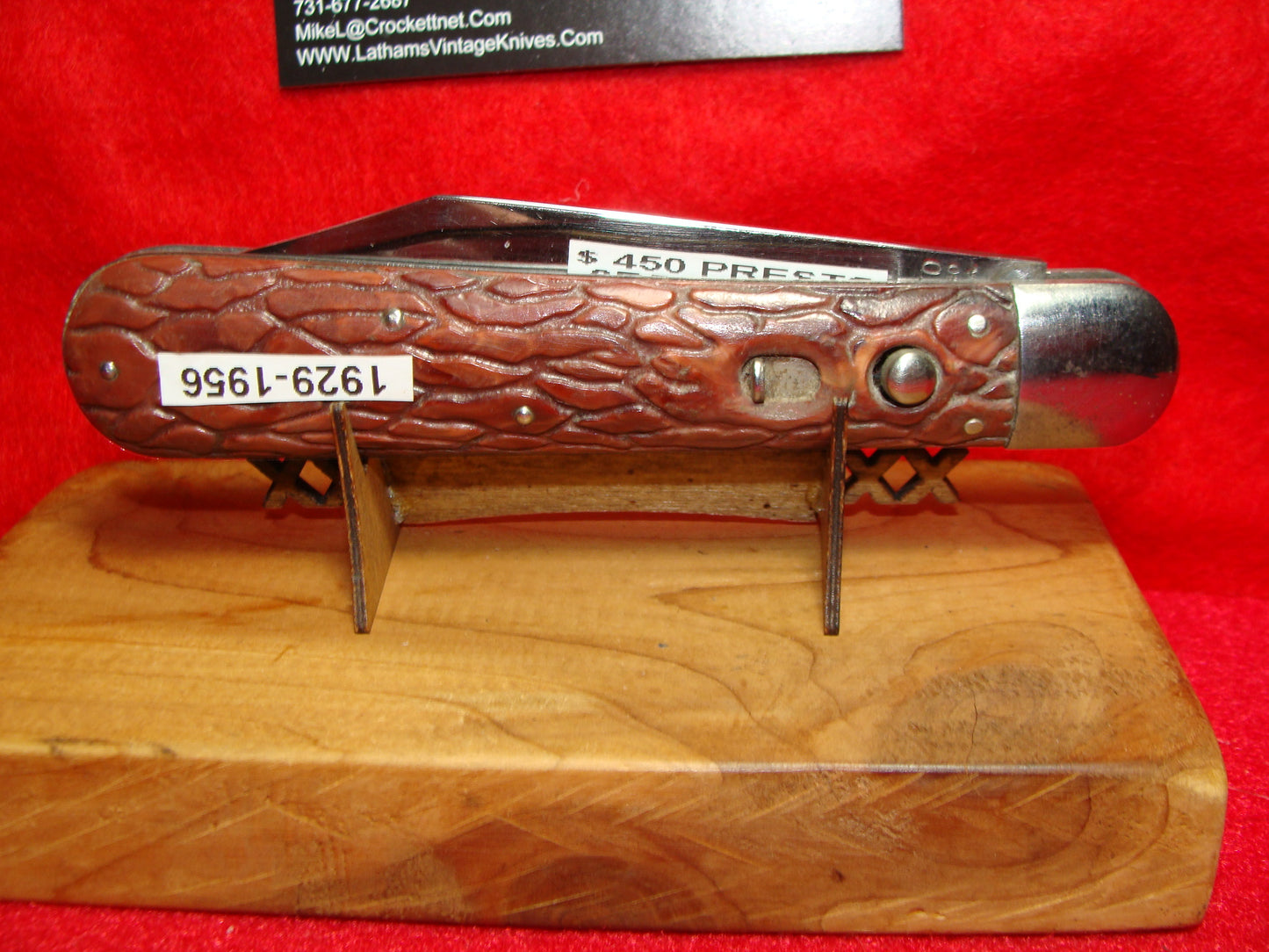 PRESTO GEO. SCHRADE CUT. BRIDGEPORT CONN. 1929-56 VINTAGE AMERICAN AUTOMATIC KNIFE 5" RED WORMED GROOVED COMPOSITION HANDLES