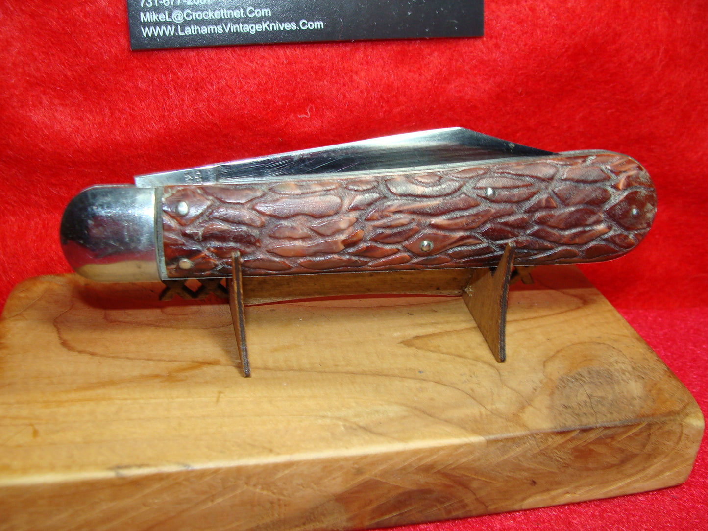 PRESTO GEO. SCHRADE CUT. BRIDGEPORT CONN. 1929-56 VINTAGE AMERICAN AUTOMATIC KNIFE 5" RED WORMED GROOVED COMPOSITION HANDLES