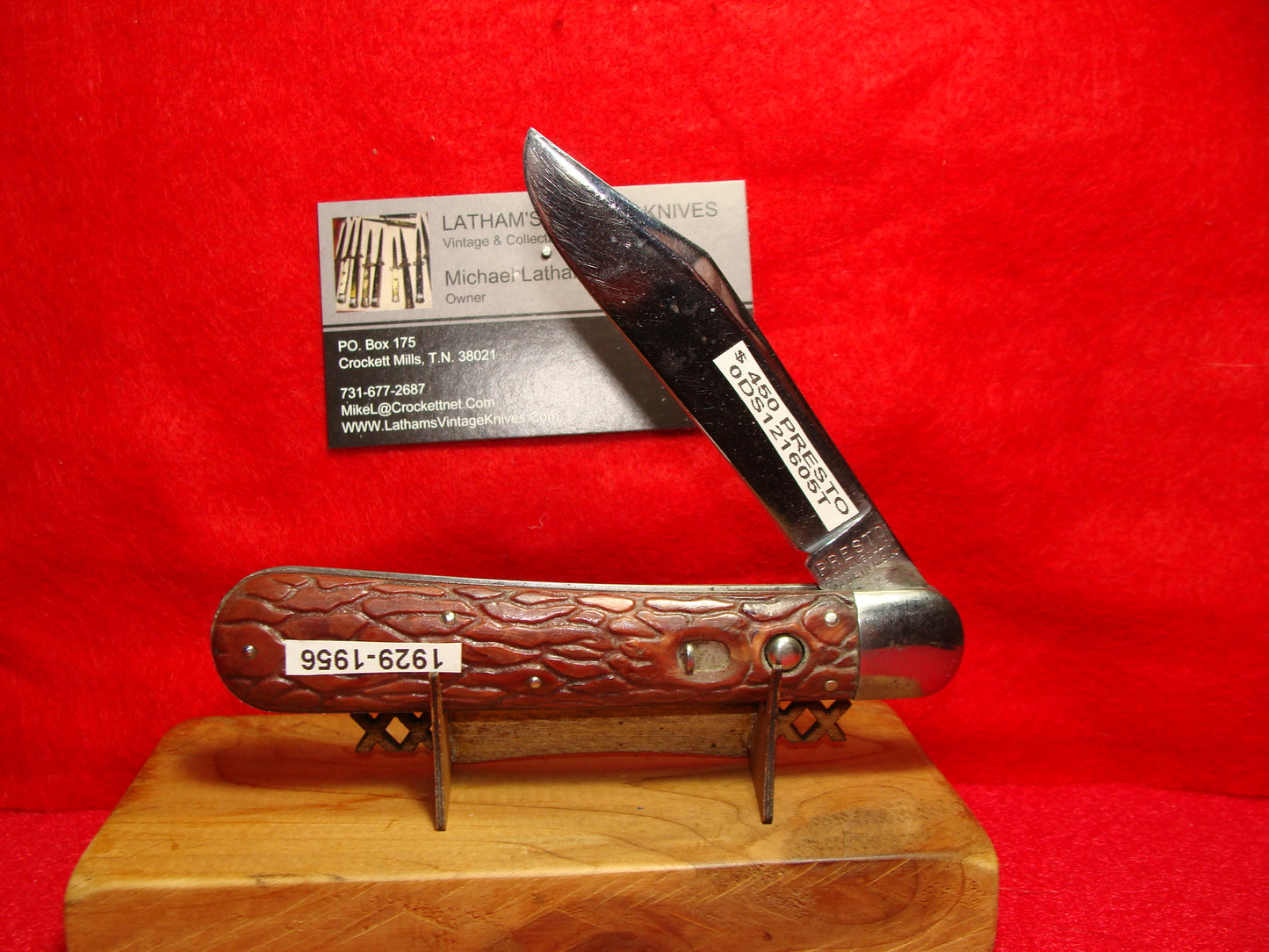 PRESTO GEO. SCHRADE CUT. BRIDGEPORT CONN. 1929-56 VINTAGE AMERICAN AUTOMATIC KNIFE 5" RED WORMED GROOVED COMPOSITION HANDLES