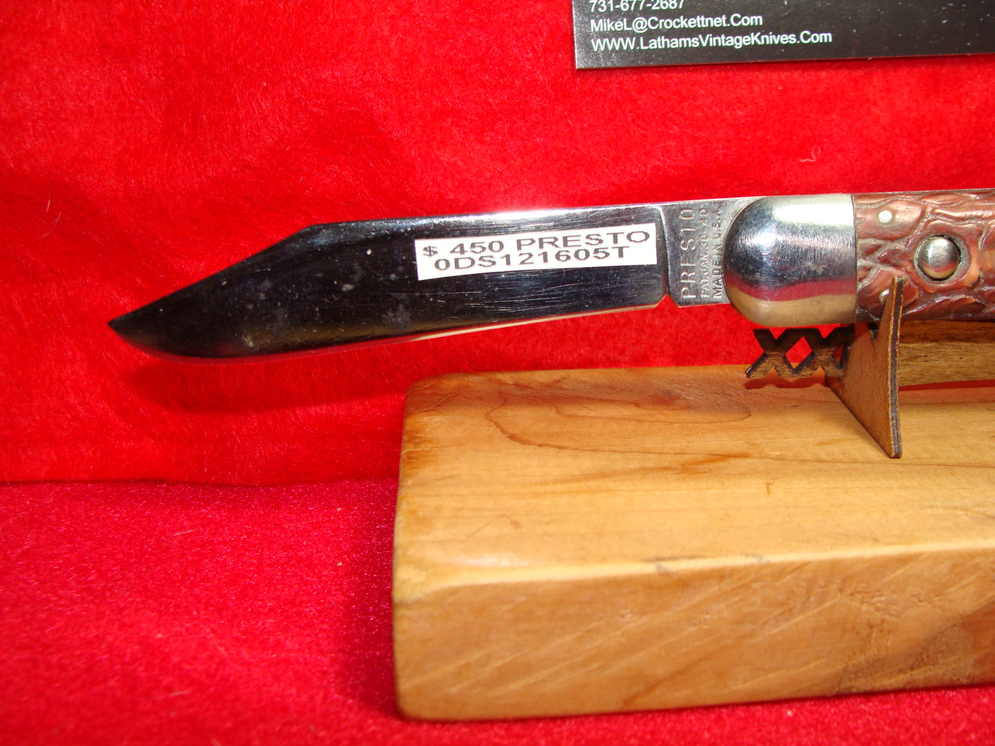 PRESTO GEO. SCHRADE CUT. BRIDGEPORT CONN. 1929-56 VINTAGE AMERICAN AUTOMATIC KNIFE 5" RED WORMED GROOVED COMPOSITION HANDLES