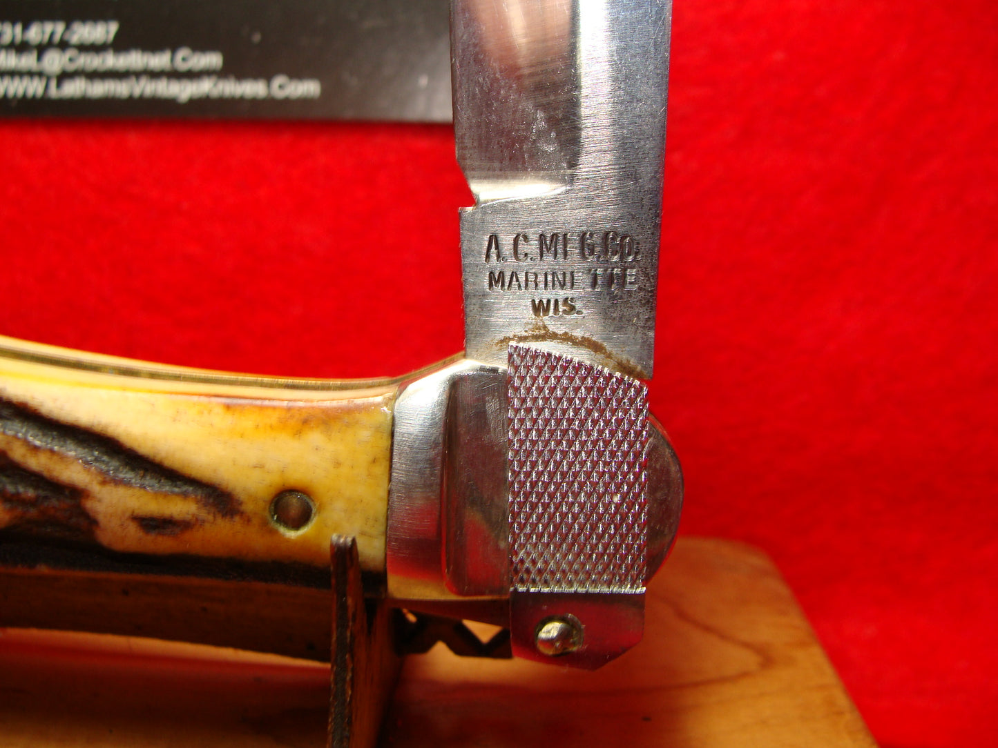 A.C. MFG CO. MARINETTE WIS. AERIAL KNIFE CO. PAT 1916 LEVER AUTOMATIC VINTAGE AMERICAN AUTOMATIC KNIFE STAG HANDLES