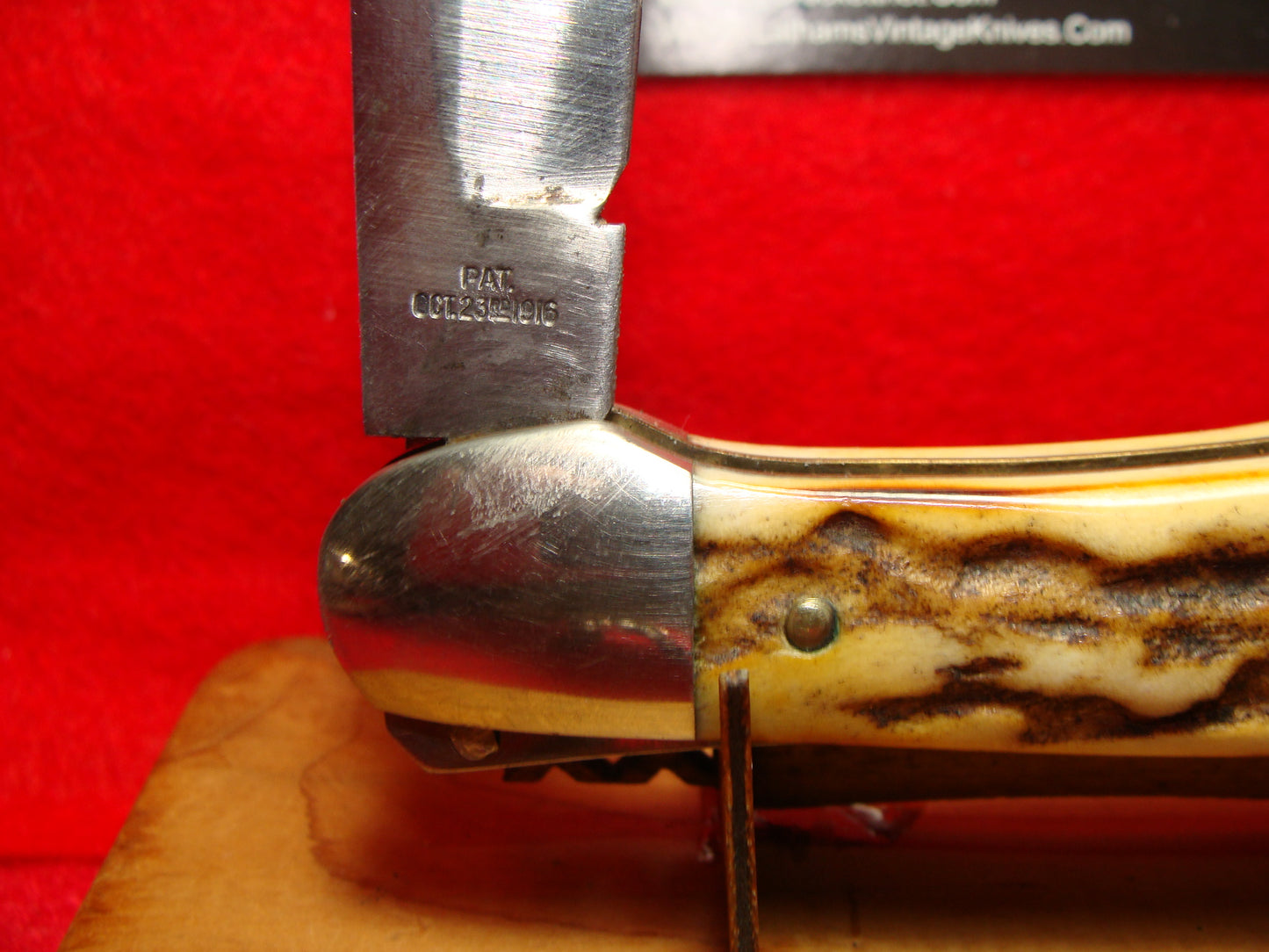 A.C. MFG CO. MARINETTE WIS. AERIAL KNIFE CO. PAT 1916 LEVER AUTOMATIC VINTAGE AMERICAN AUTOMATIC KNIFE STAG HANDLES