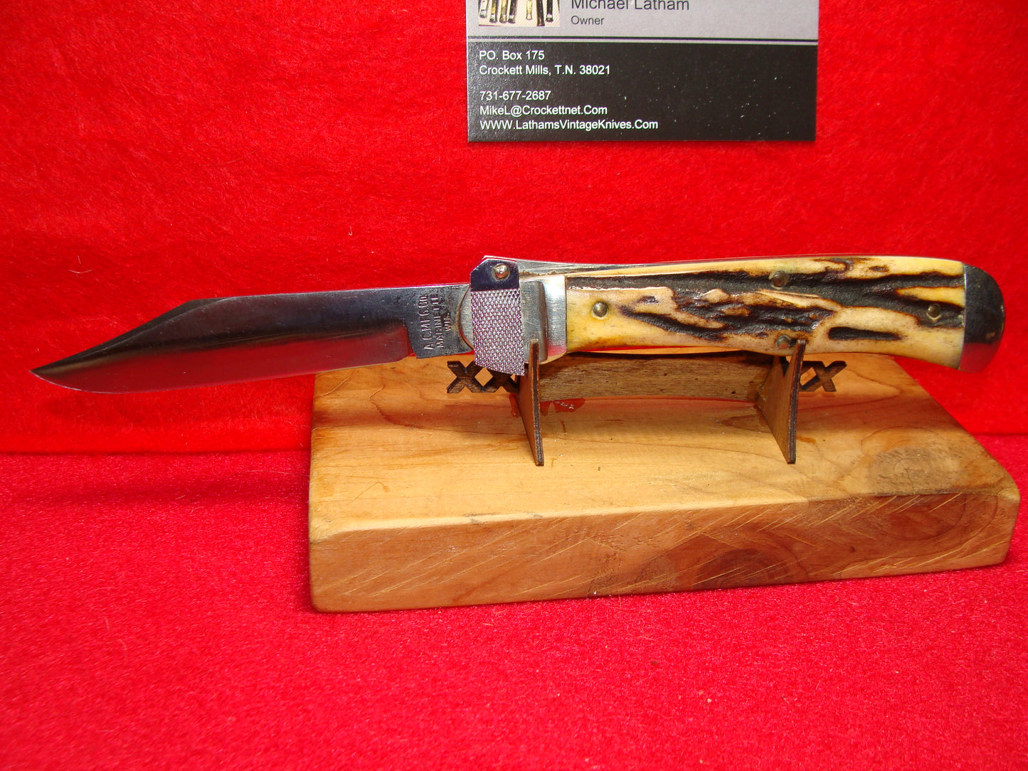 A.C. MFG CO. MARINETTE WIS. AERIAL KNIFE CO. PAT 1916 LEVER AUTOMATIC VINTAGE AMERICAN AUTOMATIC KNIFE STAG HANDLES