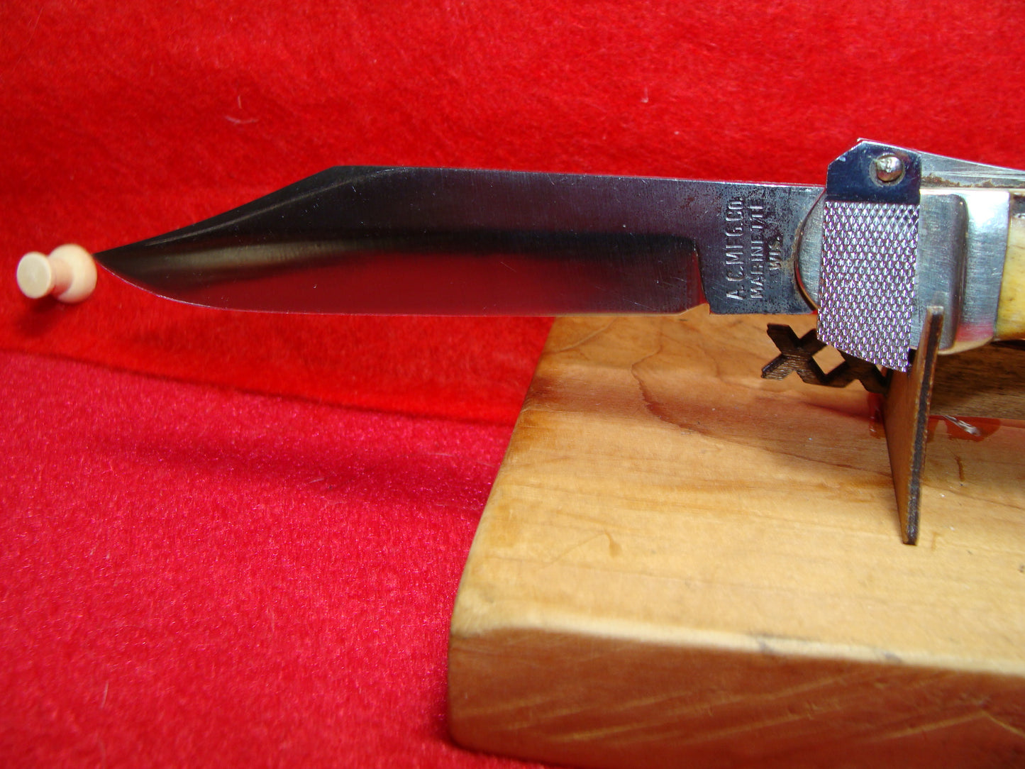 A.C. MFG CO. MARINETTE WIS. AERIAL KNIFE CO. PAT 1916 LEVER AUTOMATIC VINTAGE AMERICAN AUTOMATIC KNIFE STAG HANDLES