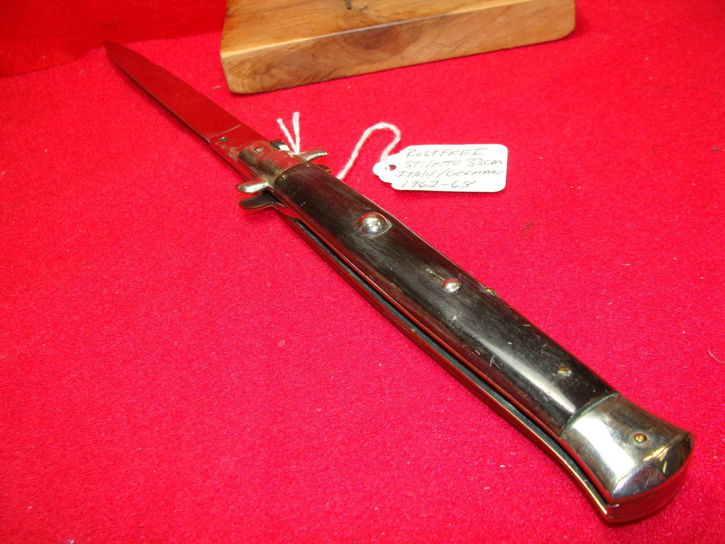 ROSTFREI ITALY 1962-68 TRANSITION SWIVEL BOLSTER STILETTO 33 CM ITALIAN AUTOMATIC KNIFE BUFFALO HORN HANDLES