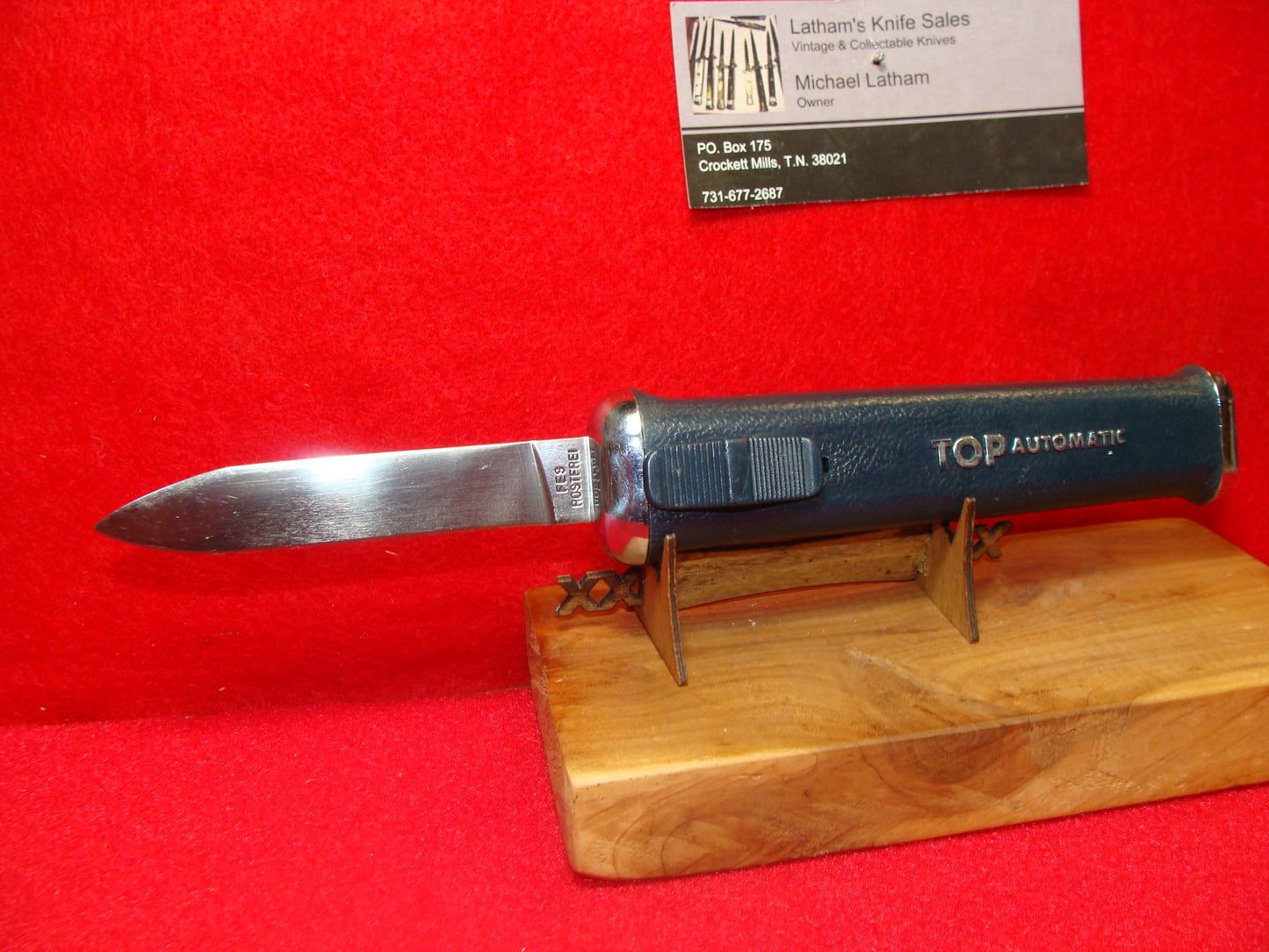 FES ROSTFREI OTF 1970-78 TOP AUTOMATIC VINTAGE IMPORTED AUTOMATIC KNIFE BLUE COMPOSITION HANDLES