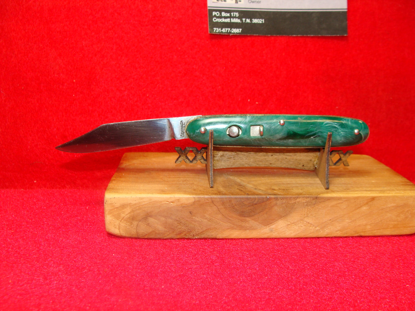 EDGEMASTER USA 1936-56 CIGAR JACK 3 1/2" VINTAGE AMERICAN AUTOMATIC KNIFE GREEN WITH WHITE SWIRL COMPOSITION HANDLES