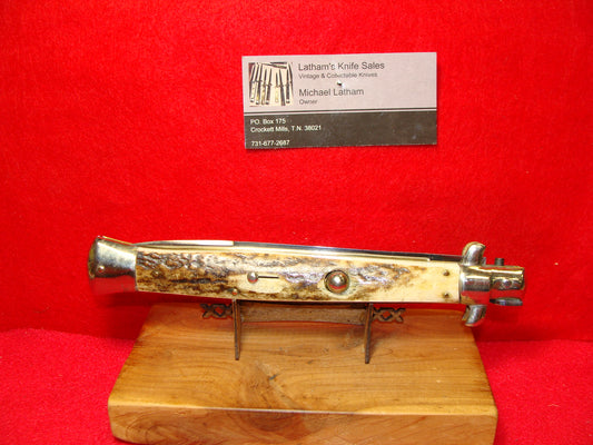 ROSTFREI ITALY 1962-68 TRANSITION SWIVEL BOLSTER STILETTO 33 CM ITALIAN AUTOMATIC KNIFE STAG HANDLES