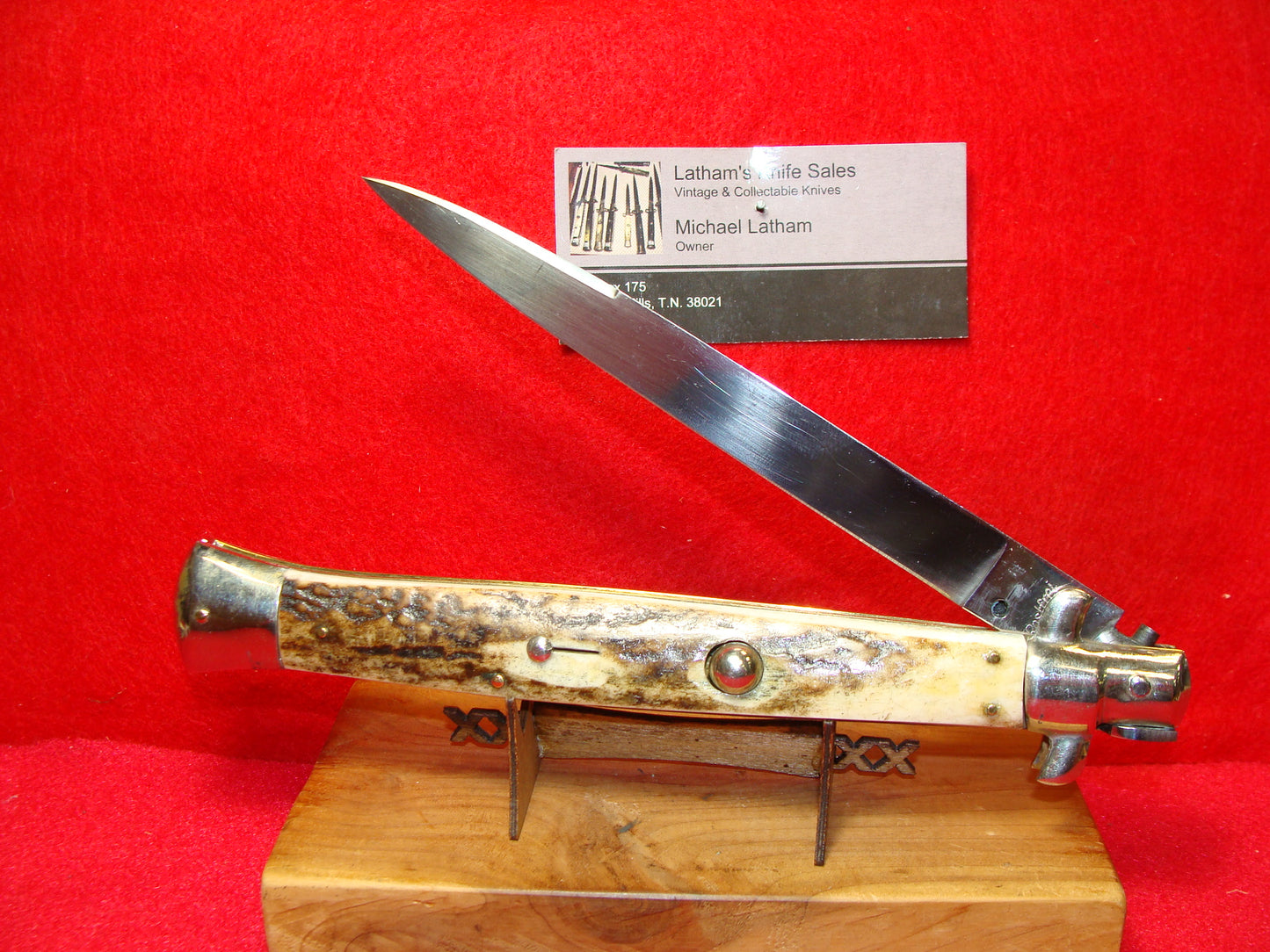 ROSTFREI ITALY 1962-68 TRANSITION SWIVEL BOLSTER STILETTO 33 CM ITALIAN AUTOMATIC KNIFE STAG HANDLES