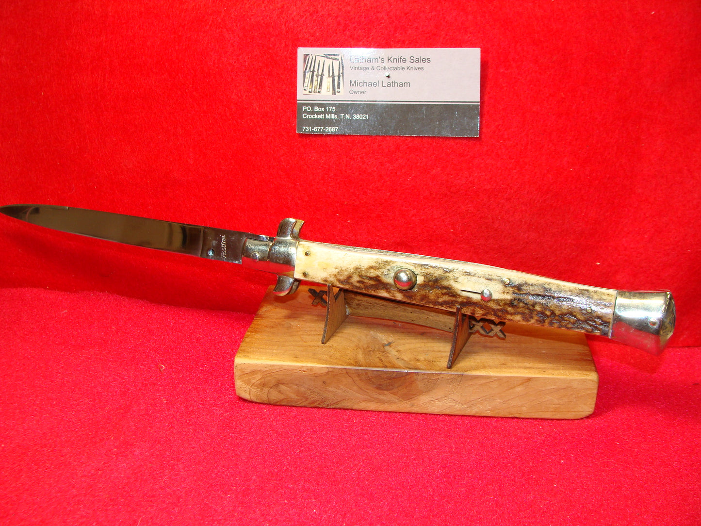 ROSTFREI ITALY 1962-68 TRANSITION SWIVEL BOLSTER STILETTO 33 CM ITALIAN AUTOMATIC KNIFE STAG HANDLES