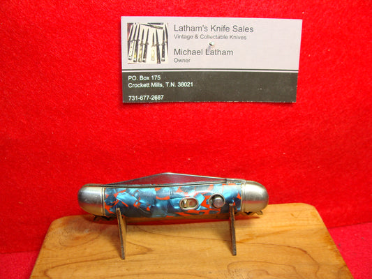 HAMMER BRAND PROVI. RI. 1945-55 UTILITY 3 /2" JACK VINTAGE AMERICAN AUTOMATIC KNIFE BLUE & RED COLOR SHELL WRAPPED HANDLES