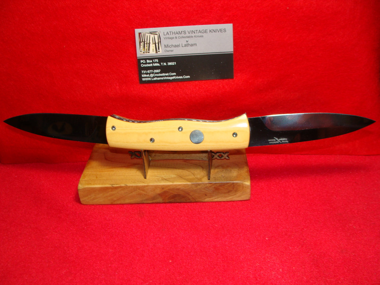 VALLOTTON, RAINY CUSTOM 1993 LARGE DOUBLE BLADE MADE FOR BLADE SHOW CUSTOM AUTOMATIC KNIFE AGED WESTINGHOUSE MICARTA HANDLES