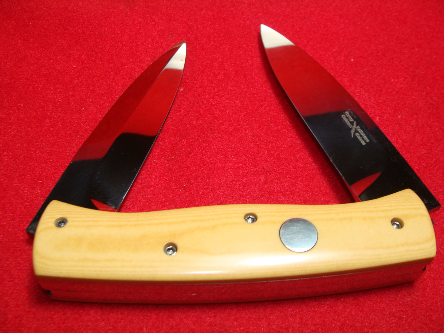 VALLOTTON, RAINY CUSTOM 1993 LARGE DOUBLE BLADE MADE FOR BLADE SHOW CUSTOM AUTOMATIC KNIFE AGED WESTINGHOUSE MICARTA HANDLES