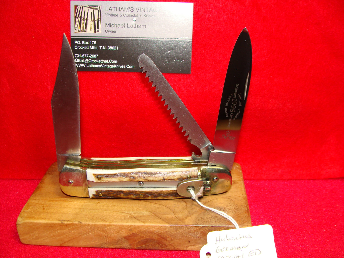 HUBERTUS SOLINGEN GERMANY 1998 LEVER AUTOMATIC 3 BLADE LIMITED EDITION CUSTOM 11 CM GERMAN AUTOMATIC KNIFE STAG HANDLES