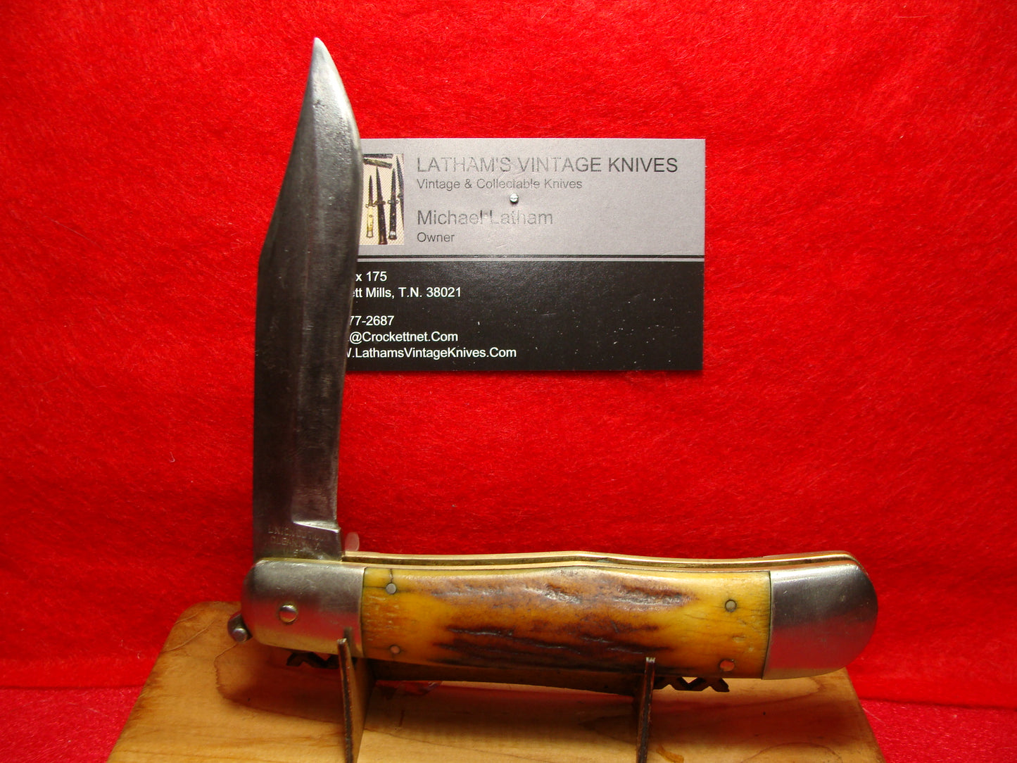 KA-BAR USA 1923-25 LEVER AUTOMATIC UNION CUT. CO. OLEAN NY AMERICAN AUTOMATIC KNIFE STAG HANDLES