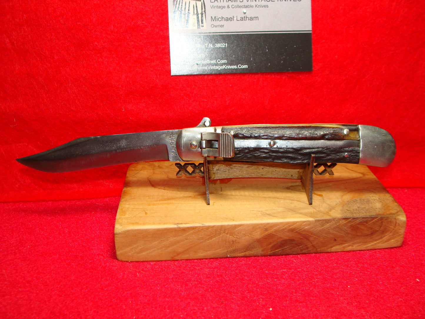 KA-BAR USA 1923-25 LEVER AUTOMATIC UNION CUT. CO. OLEAN NY AMERICAN AUTOMATIC KNIFE STAG HANDLES