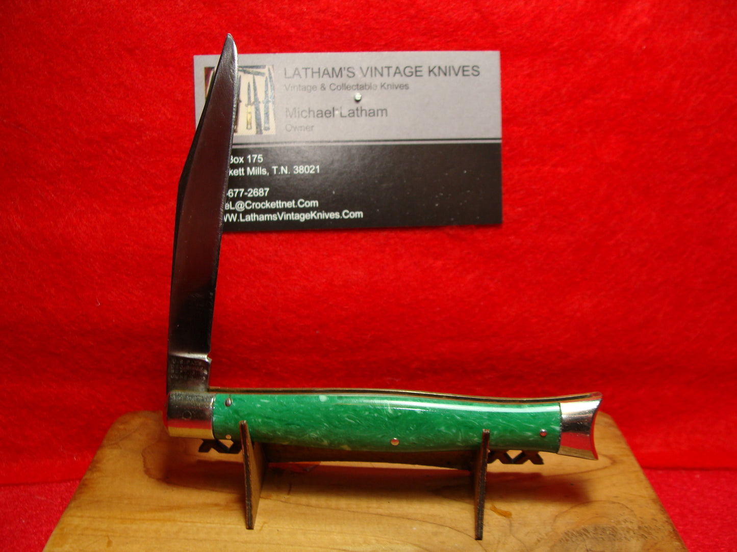 SCHRADE CUT CO. WALDEN NY 1916-46 FISH TAIL VINTAGE AMERICAN AUTOMATIC KNIFE 4" GREEN SWIRL COMPOSITION HANDLES