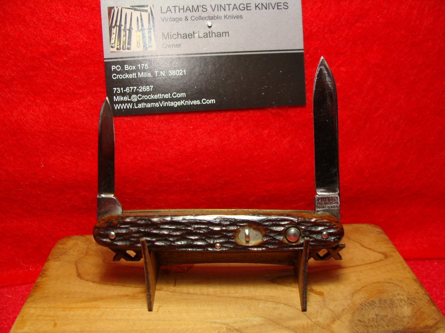 PRESTO GEO. SCHRADE CO. BRIDGEPORT CONN. 1929-56 DOUBLE BLADE 3 3/8" VINTAGE AMERICAN AUTOMATIC KNIFE BROWN BONE HANDLES