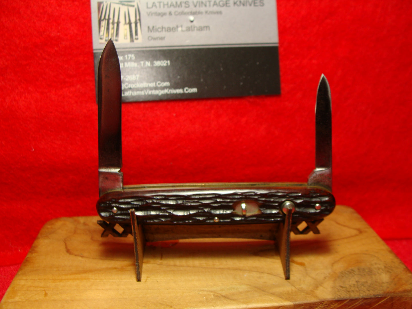 PRESTO GEO. SCHRADE CO. BRIDGEPORT CONN. 1929-56 DOUBLE BLADE 3 3/8" VINTAGE AMERICAN AUTOMATIC KNIFE BROWN BONE HANDLES