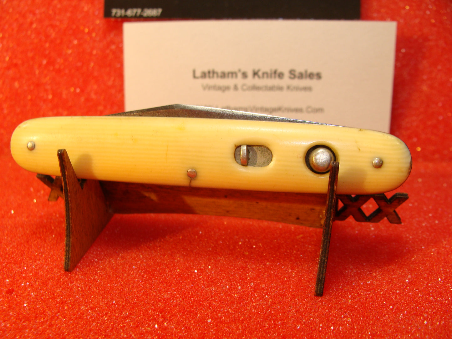 SCHRADE CUT CO. WALDEN NY 1916-46 VINTAGE AMERICAN AUTOMATIC KNIFE 3 3/8" SINGLE BUTTON ONE BLADE IMITATION IVORY CELLULOID HANDLES