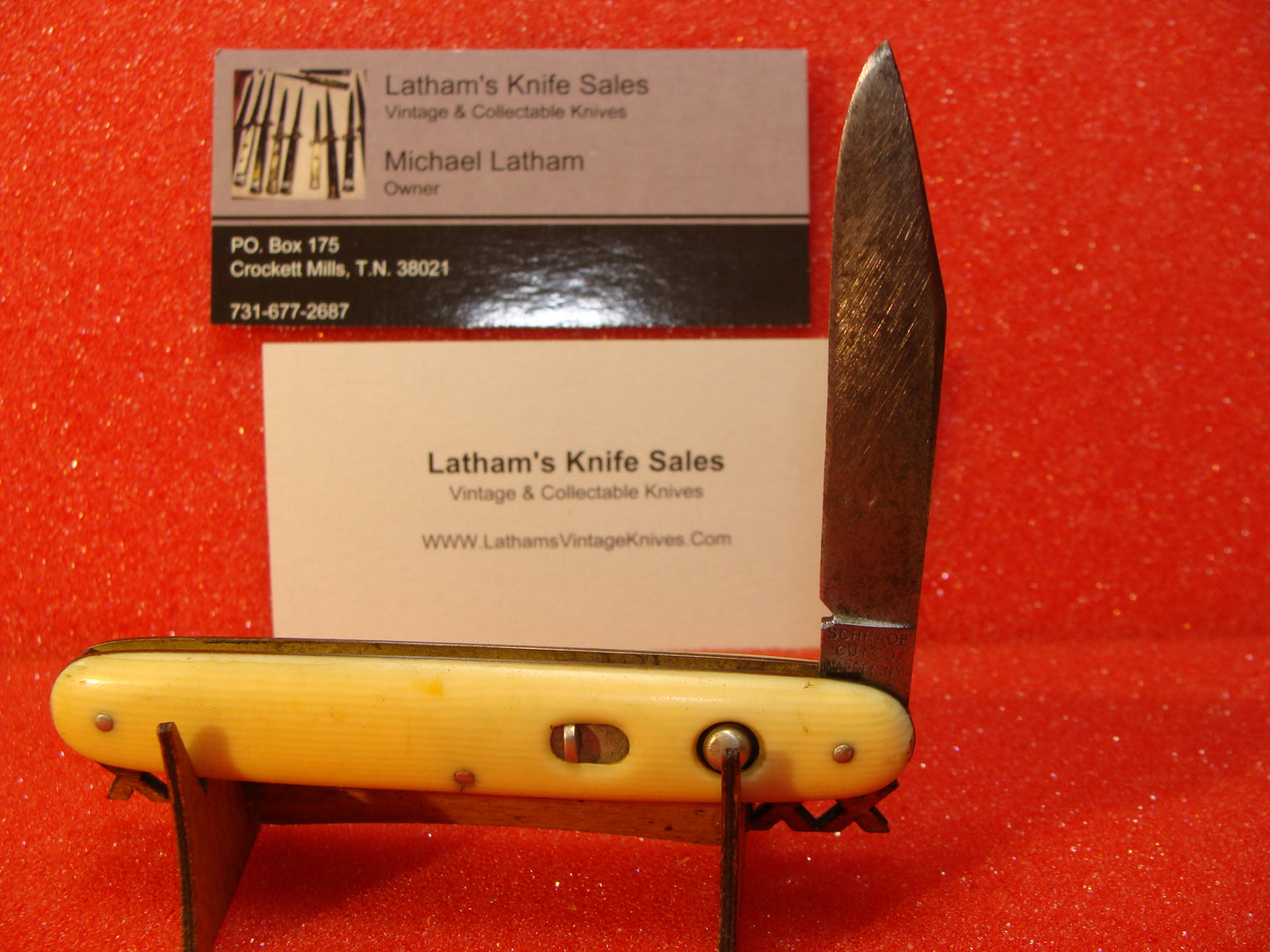 SCHRADE CUT CO. WALDEN NY 1916-46 VINTAGE AMERICAN AUTOMATIC KNIFE 3 3/8" SINGLE BUTTON ONE BLADE IMITATION IVORY CELLULOID HANDLES