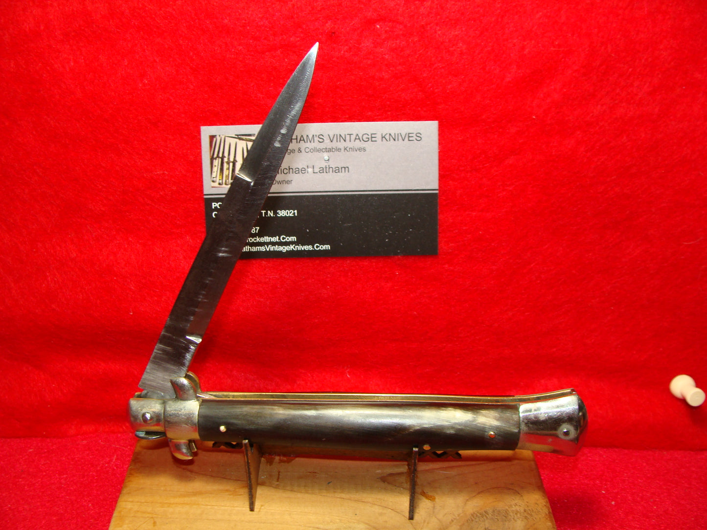 ROMANELLI EXPORT & IMPORT CO. MADE IN ITALY 1950-56 PICK LOCK STILETTO 28 CM ITALIAN AUTOMATIC KNIFE BUFFALO HORN HANDLES