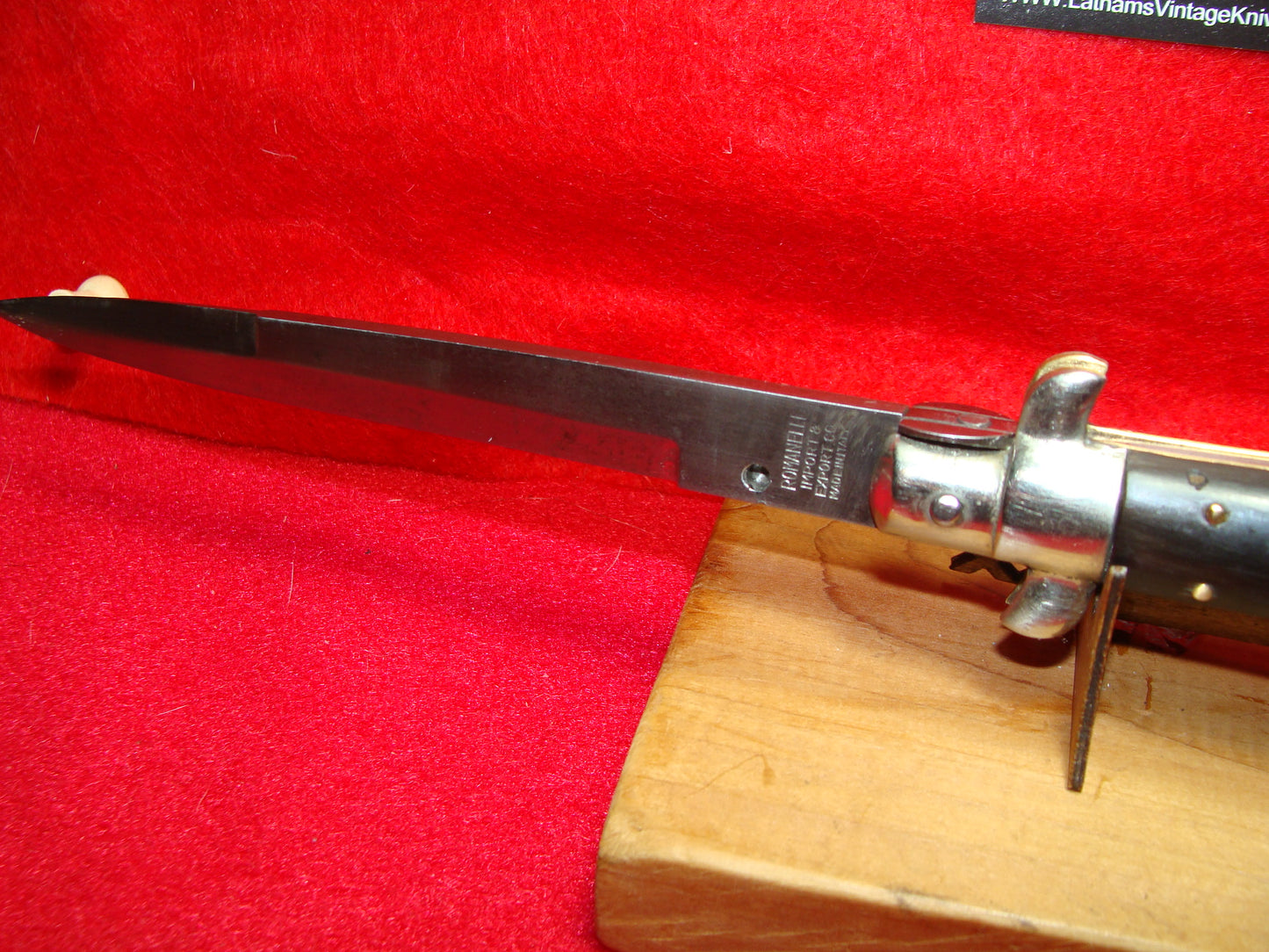 ROMANELLI EXPORT & IMPORT CO. MADE IN ITALY 1950-56 PICK LOCK STILETTO 28 CM ITALIAN AUTOMATIC KNIFE BUFFALO HORN HANDLES