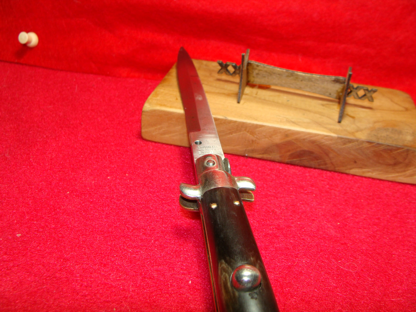 ROMANELLI EXPORT & IMPORT CO. MADE IN ITALY 1950-56 PICK LOCK STILETTO 28 CM ITALIAN AUTOMATIC KNIFE BUFFALO HORN HANDLES